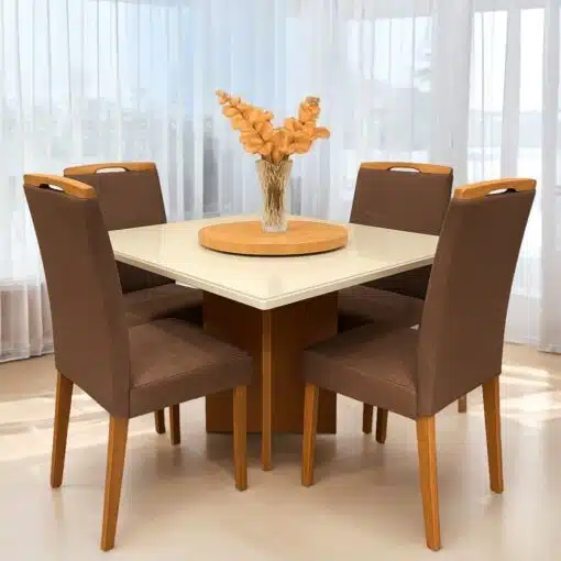 Mesa Salinas 90 Cinamomo/Off White com 4 Cadeiras Priscila Veludo Marrom 1014 – AVALON DECOR + CARVALHO DECOR