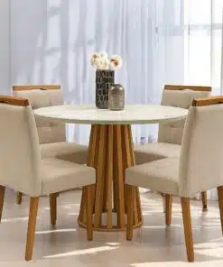 Mesa Redonda Berlim 100 Cinamono/Off White com 4 Cadeiras Sophia Linho Bege 200 – CEL MÓVEIS + WM DECOR