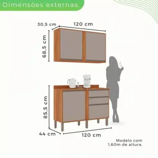 Balcão Pérola Cinamomo/Off 1.20m + Aéreo 2 Portas 1.20m Cinamomo/Off + Armário de Geladeira Pérola Cinamomo - Sallêto - Imagem 5