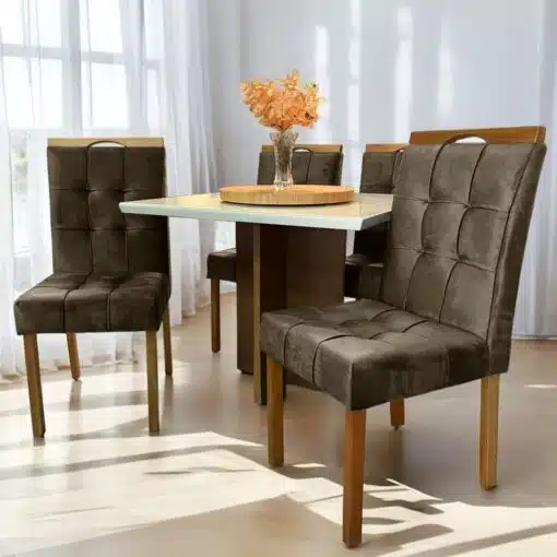 Mesa Salinas 90 Cinamomo/Off White com 4 Cadeiras Sophia Veludo Marrom – AVALON DECOR + WM DECOR