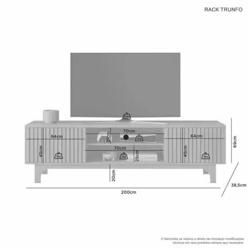 Rack Triunfo Cinamomo Ripado TV até 70 Polegadas Larg. 2.00m - JCM - Imagem 3