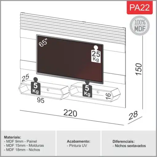Painel até 65" Mônica PA22 Off White/Freijó – DALLA COSTA - Imagem 5