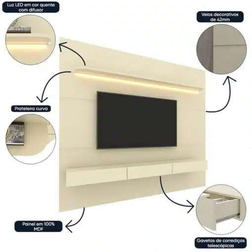 Home Royal C/Led Off e Nicho 100% MDF TV até 85 Polegadas Larg. 2.19m - Gelius - Imagem 4