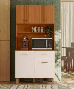 Armário de Cozinha Kit Iziz 0,90m -  Freijó Ripado/ Off White