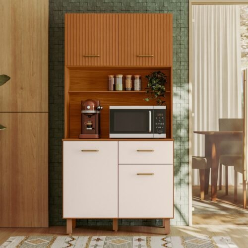 Armário de Cozinha Kit Iziz 0,90m - Freijó Ripado/ Off White