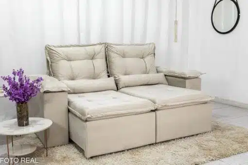 Sofá Retrátil Reclinável Grécia Veludo Bege Larg. 2.00m + Rack Lazuli Off TV até 55 Polegadas Larg. 1.35m - Bechara - Imagem 3