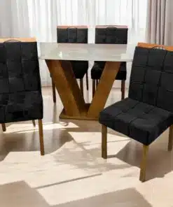 Mesa Classic 120 Cinamomo/Off White com 4 Cadeiras Sophia Mel/Veludo Preto – CEL MÓVEIS + WM DECOR