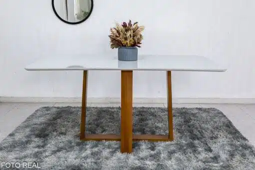 Mesa de Jantar Pedro Mel Vidro Off 160×80 6 Cadeiras Lisboa Veludo Bege 512 Madeira Maciça Art Assento - Entregue Montada - Imagem 6