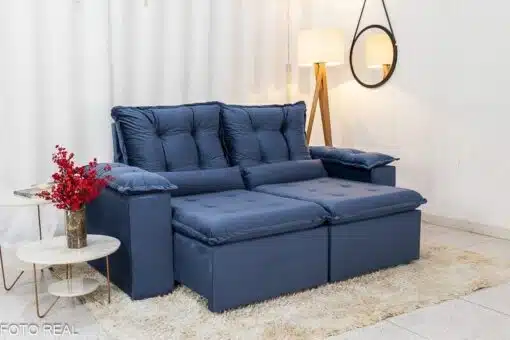Sofá Retrátil Reclinável Grécia 2.00m Veludo Azul - Sem caixa