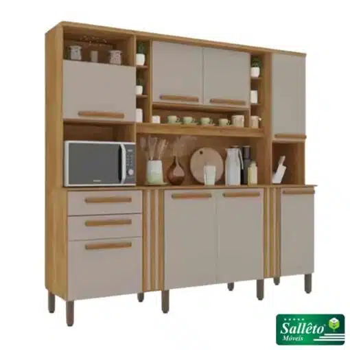 Armário Cozinha Acácia Cinamomo/Off 8 Portas 2 Gavetas Larg. 2.18m - Sallêto
