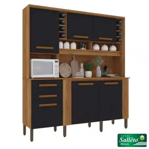 Armário Cozinha Cinamomo/Preto Catar 6 Portas 2 Gavetas Larg. 2.00m - Sallêto