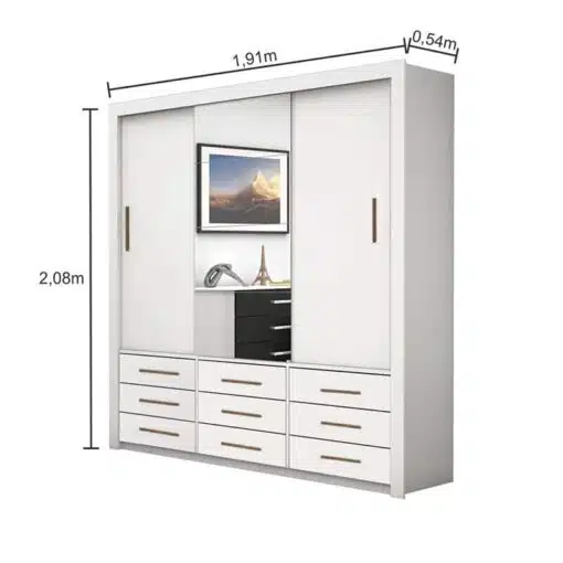 Roupeiro Anjos Branco 3 Portas 9 Gavetas C/ 1 Espelho Larg. 1.91m - Carioca Móveis - Imagem 3