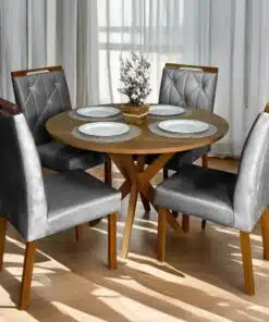 Mesa Redonda Simpatia 108 Cinamono com 4 Cadeiras Yasmim Veludo Cinza Grafite – JCM MOVELARIA + KM DECOR