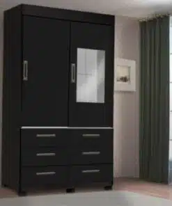Guarda-Roupa Buzios 2 portas de correr com espelho 6 gavetas - Preto
