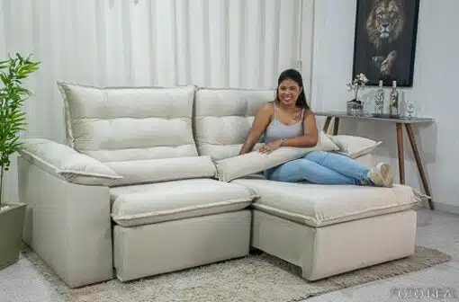 Sofá Retrátil Reclinável Emanuelly 2.00m Veludo Bege 01- D28 Soft - Imagem 4