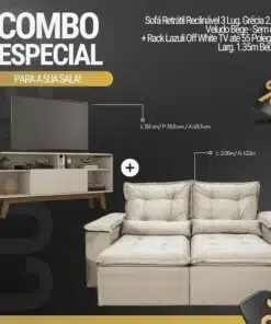 Sofá Retrátil Reclinável Grécia Veludo Bege Larg. 2.00m + Rack Lazuli Off TV até 55 Polegadas Larg. 1.35m - Bechara