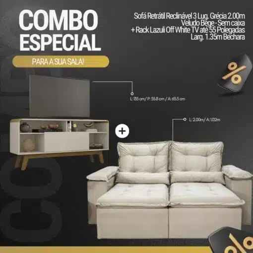 Sofá Retrátil Reclinável Grécia Veludo Bege Larg. 2.00m + Rack Lazuli Off TV até 55 Polegadas Larg. 1.35m - Bechara