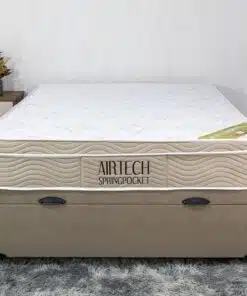 Box Baú Casal Eli Korino Bege Blindado + Colchão Casal Airtech Springpocket 138x188x67 Ortobom