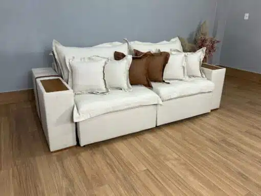 Sofá Cama Retrátil Reclinável Gabriella 2,10m Mod.80 - Bege Linho / Marrom Courino