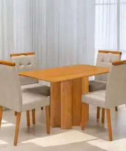 Mesa Recife 120 Cinamono Laminado com 4 Cadeiras Sophia Veludo Bege – CEL MÓVEIS + WM DECOR