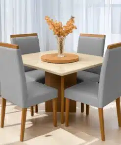 Mesa Salinas 90 Cinamomo/Off White com 4 Cadeiras Samantha 05 Veludo Cinza Prata 1013 – AVALON DECOR + CARVALHO DECOR