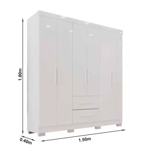 Roupeiro Solteiro Estrela Branco 6 Portas 2 Gavetas C/Pés Larg. 1.50m - Sallêto - Imagem 4
