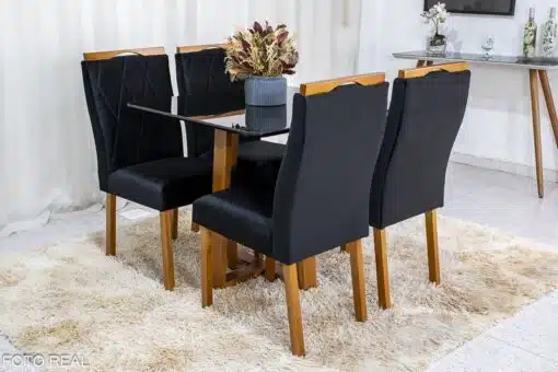 Mesa de Jantar Pedro Mel Vidro Preto 90×90 4 Cadeiras Lisboa Veludo Preto 504 Madeira Maciça Art Assento - Entregue Montada - Imagem 3