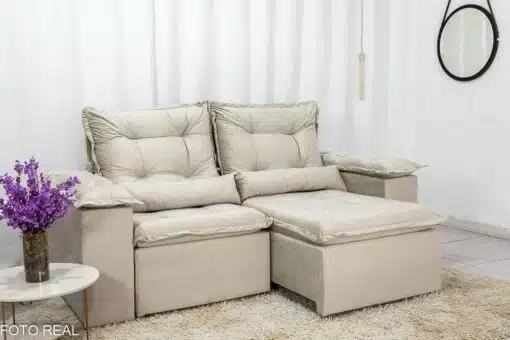 Sofá Retrátil Reclinável Grécia Veludo Bege Larg. 2.00m + Rack Lazuli Off TV até 55 Polegadas Larg. 1.35m - Bechara - Imagem 5