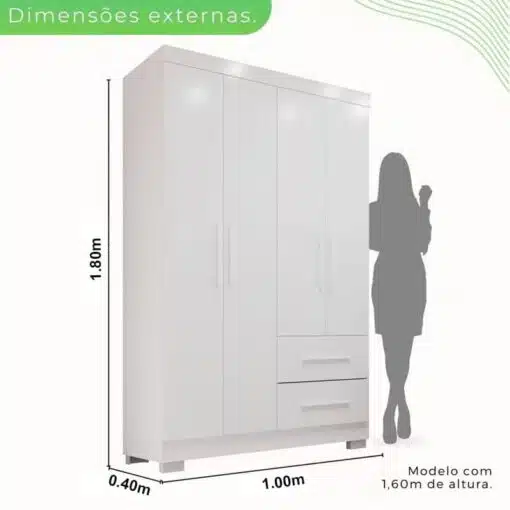 Guarda-Roupa Solteiro 4 portas Estrela Larg. 1.00m Branco Com Pés Sallêto - Imagem 3