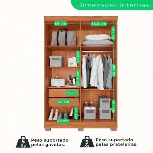 Roupeiro Solteiro Recife Cinamomo/Off 4 Portas 2 Gavetas C/Pés Larg. 1.21m - Sallêto - Imagem 2