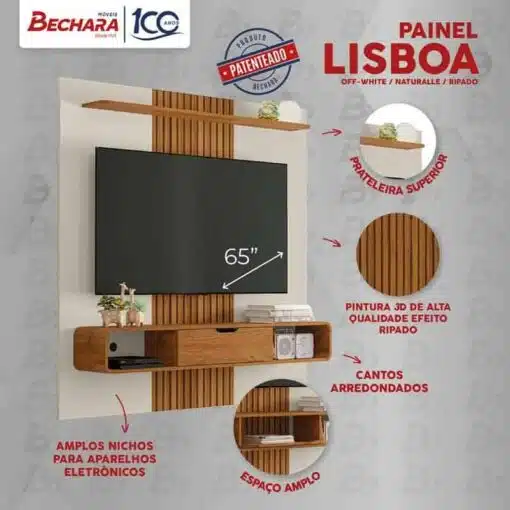 Painel Lisboa Ripado 3D TV até 65 Polegadas Larg. 1.58m Off/Nature Bechara - Imagem 4
