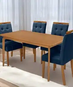Mesa Alegra 120 Cinamomo com 4 Cadeiras Sophia Veludo Azul – JCM MOVELARIA + WM DECOR