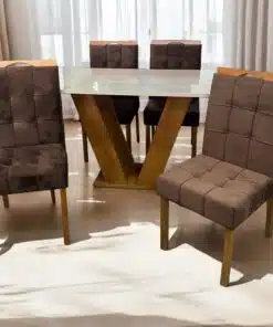 Mesa Classic 120 Cinamomo/Off White com 4 Cadeiras Sophia Mel/Veludo Marrom – CEL MÓVEIS + WM DECOR