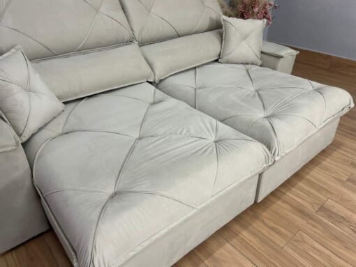 Sofá Cama Retrátil Reclinável Gabriella 2,30m - Cinza Linho / Marrom Courino - Imagem 11