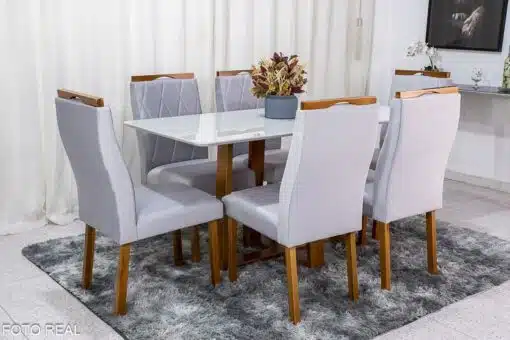 Mesa de Jantar Pedro Mel Vidro Off 160×80 6 Cadeiras Lisboa Veludo Prata 514 Madeira Maciça Art Assento - Entregue Montada - Imagem 3