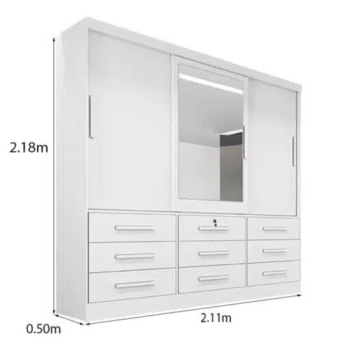 Roupeiro Casal Turim Branco 3 Portas 9 Gavetas C/ 1 Espelho 100% MDF Larg. 2.11 - Bianchi - Imagem 3