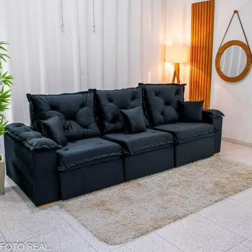 Sofá Retrátil Reclinável Porto Madri 2.70m Veludo Preto - D28 Pró Aditivada - Imagem 6