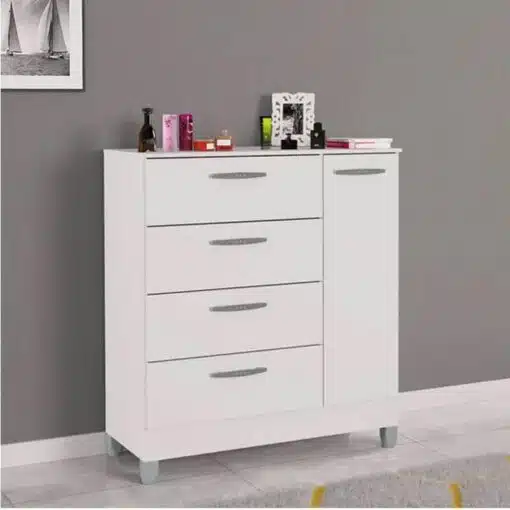 Cômoda com 1 Porta 4 Gavetas Branco Larg. 0.86m - Poquema