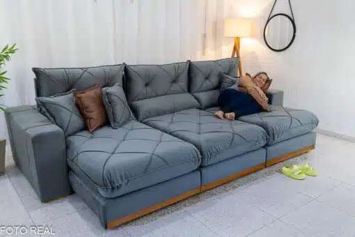 Sofá Retrátil Reclinável Gran Bello 3.20m Veludo Cinza - Molas Ensacadas