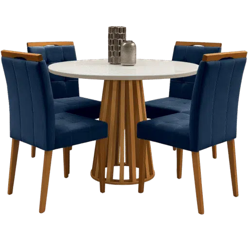 Mesa Redonda Berlim 100 Cinamono/Off White com 4 Cadeiras Sophia Veludo Azul – CEL MÓVEIS + WM DECOR - Imagem 4