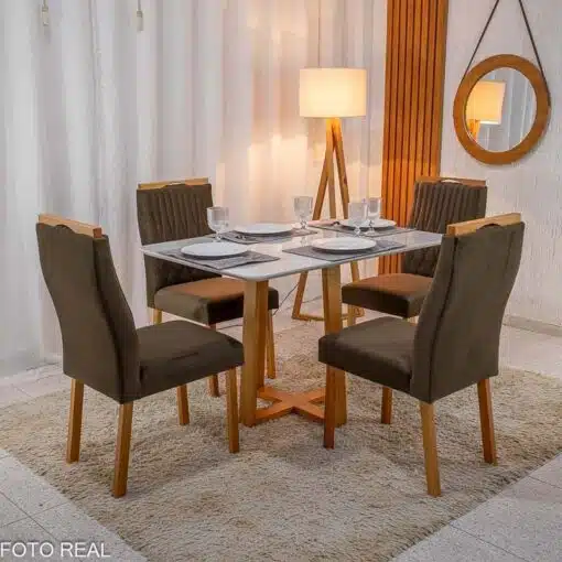 Mesa Pedro Mel Vidro OFF 120×80 4 Cadeiras Genova Veludo Marrom 509 Madeira Maciça Art Assento - Entregue Montada - Imagem 2