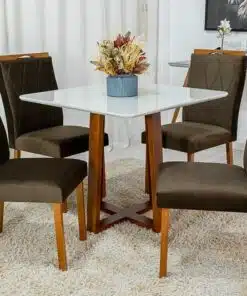 Mesa de Jantar Pedro Mel Vidro Off 90×90 4 Cadeiras Lisboa Veludo Marrom 509 Madeira Maciça Art Assento - Entregue Montada