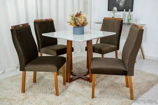 Mesa de Jantar Pedro Mel Vidro Off 90×90 4 Cadeiras Lisboa Veludo Marrom 509 Madeira Maciça Art Assento - Entregue Montada