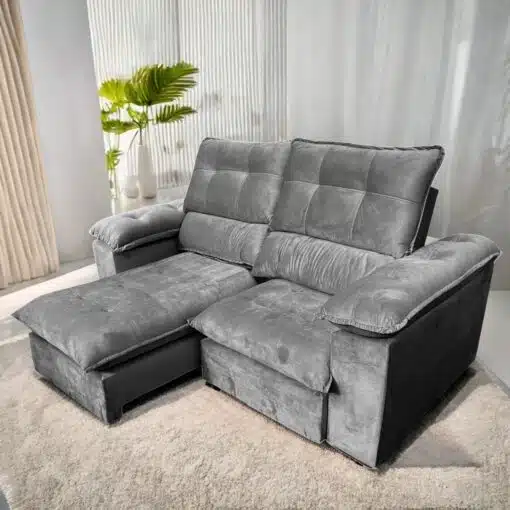 Sofá Retrátil e Reclinável Suíça 2,10 m Veludo Cinza Grafite – LEO DECOR