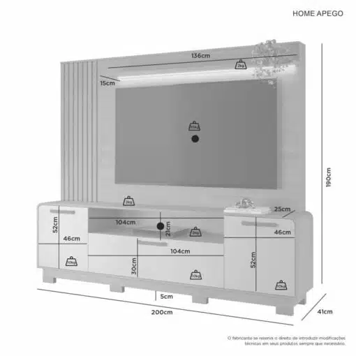 Home Apego Cinamomo/Off C/ Luminária LED e Detalhe Ripado TV até 65 Polegadas Larg. 2.00m - JCM - Imagem 4