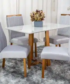 Mesa de Jantar Pedro Mel Vidro Off 120×80 4 Cadeiras Lisboa Veludo Prata 514 Madeira Maciça Art Assento - Entregue Montada