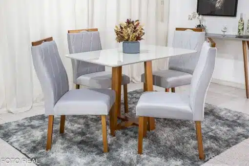 Mesa de Jantar Pedro Mel Vidro Off 120×80 4 Cadeiras Lisboa Veludo Prata 514 Madeira Maciça Art Assento - Entregue Montada