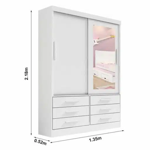 Roupeiro Solteiro Merídian Branco 2 portas c/ 1 Espelho 6 Gavetas Larg. 1.35m - D Doro - Imagem 3