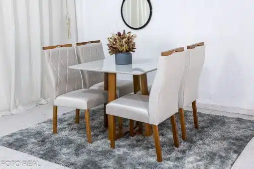 Mesa de Jantar Pedro Mel Vidro Off 90×90 4 Cadeiras Lisboa Veludo Bege 512 Madeira Maciça Art Assento - Entregue Montada - Imagem 2