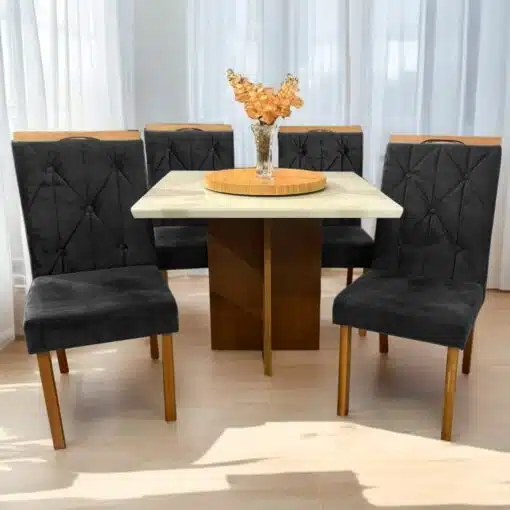 Mesa Salinas 120 Cinamomo/Off White com 4 Cadeiras Yasmim Veludo Preto – AVALON DECOR + KM DECOR